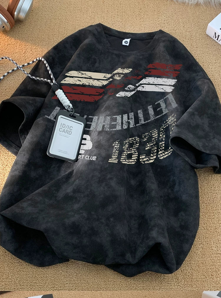 Retro washed retro patterned T-shirt