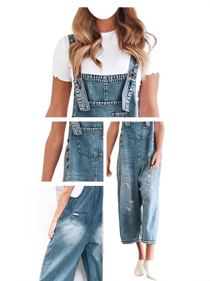 Women's retro wide leg denim workwear - loose overalls