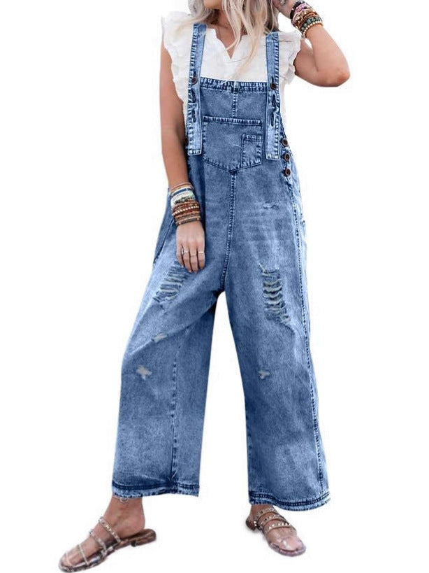 Women's retro wide leg denim workwear - loose overalls