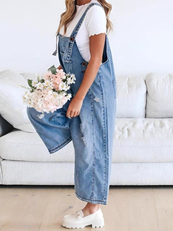 Women's retro wide leg denim workwear - loose overalls
