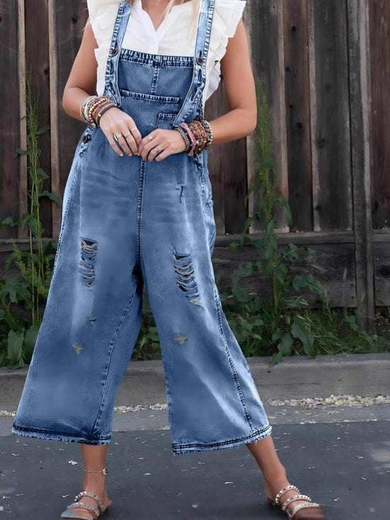 Women's retro wide leg denim workwear - loose overalls